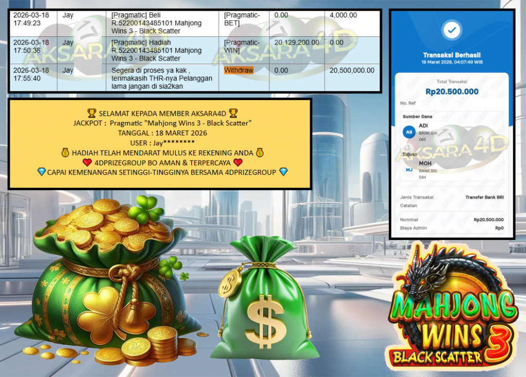 AKSARA4D JACKPOT PRAGMATIC “Mahjong Wins 3 – Black Scatter”‎‏‏‎‎ Rp20.500.000,- LUNAS