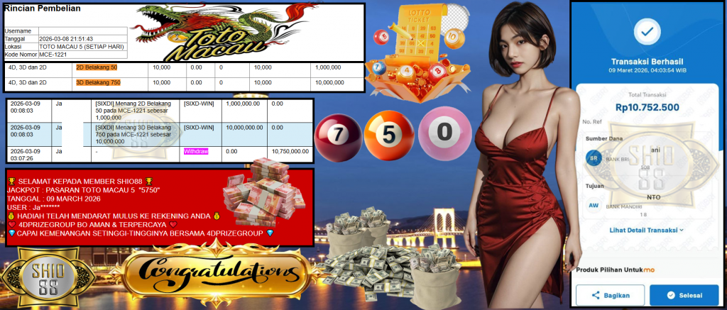 SHIO88 JACKPOT PASARAN TOTO MACAU 5 “5750” Rp10.752.500,- LUNAS