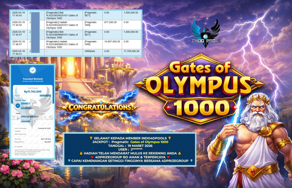 INDO4DPOOLS JACKPOT PRAGMATIC ” Gates of Olympus 1000 ” Rp 11.700.000,- LUNAS