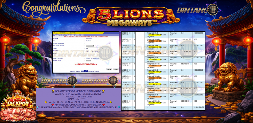 BINTANG4DP JACKPOT PRAGMATIC ” 5 Lions Megaways ” Rp 11,000,000.,- LUNAS
