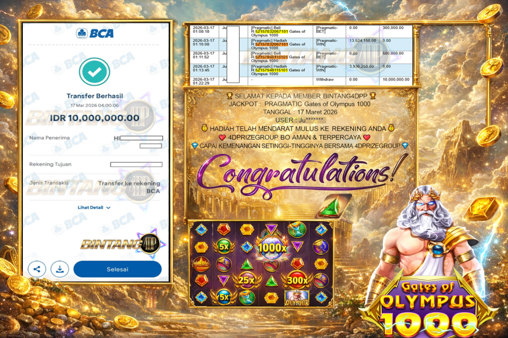 BINTANG4DP JACKPOT PRAGMATIC ” Gates of Olympus 1000 ” Rp 10,000,000,- LUNAS