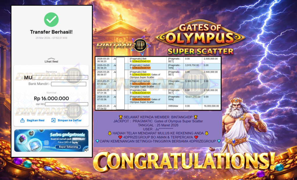BINTANG4DP JACKPOT PRAGMATIC ” Gates of Olympus Super Scatter ” Rp 16,000,000.,- LUNAS