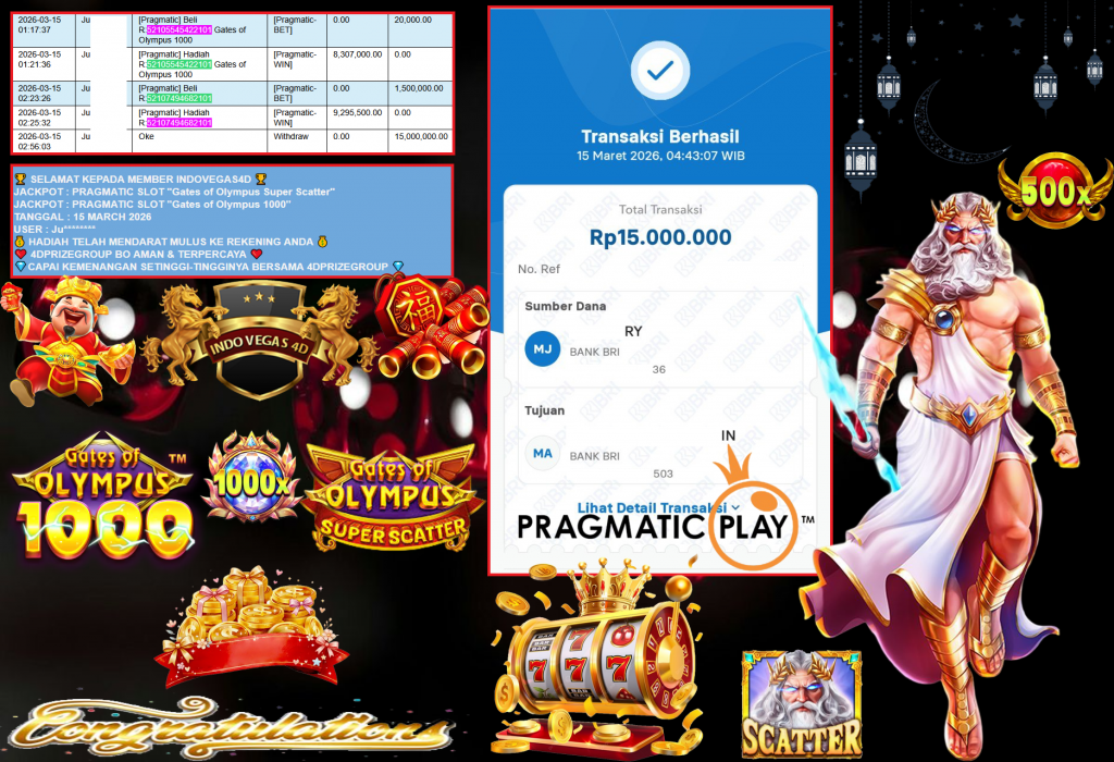 INDOVEGAS4D JACKPOT PRAGMATIC SLOT ”Gates of Olympus Super Scatter” & “Gates of Olympus 1000” Rp15,000.000,- LUNAS