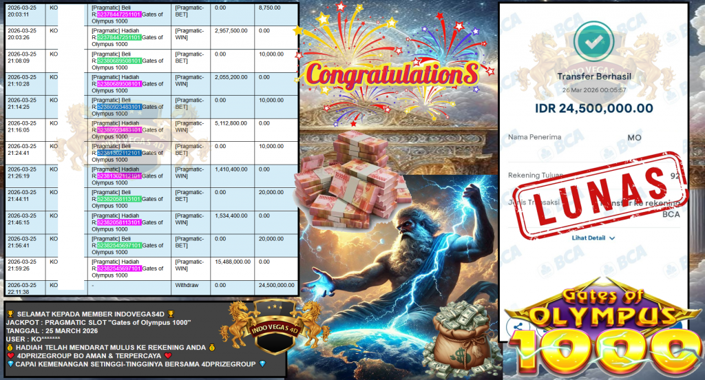 INDOVEGAS4D JACKPOT PRAGMATIC SLOT “Gates of Olympus 1000” Rp24.500.000,- LUNAS