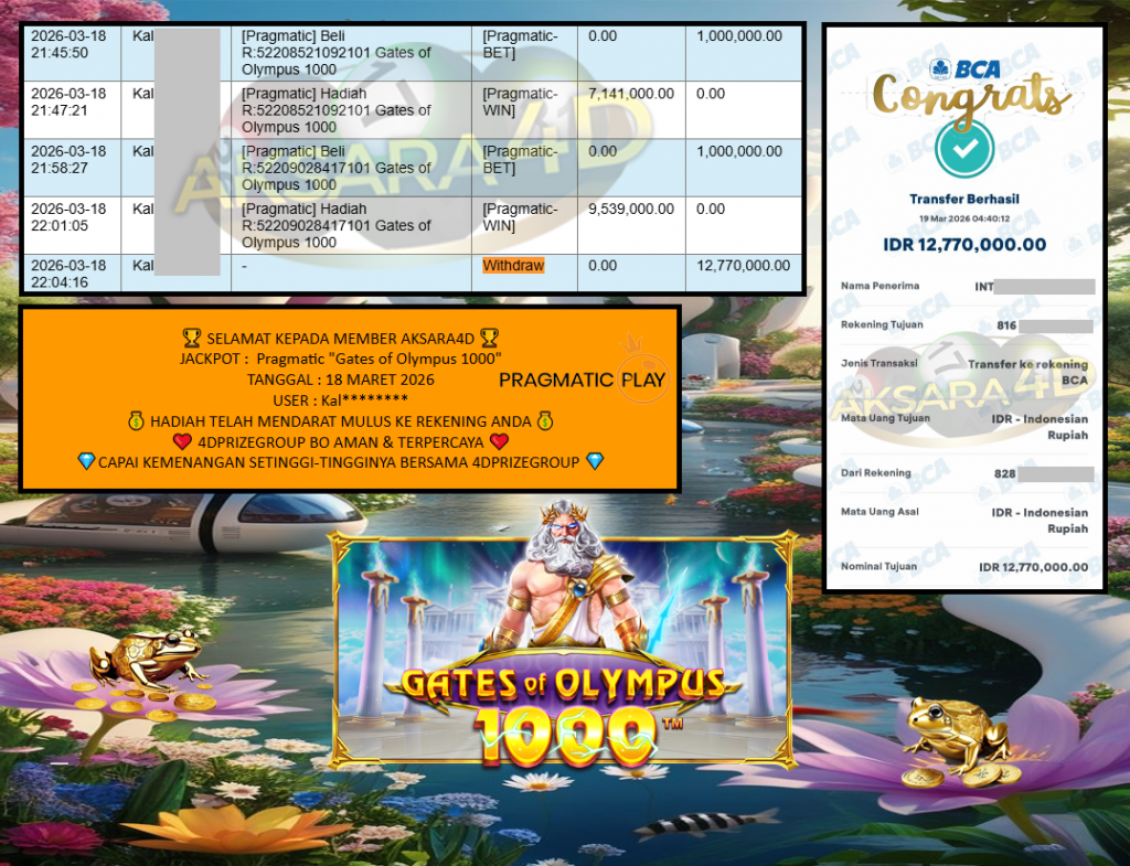 AKSARA4D JACKPOT PRAGMATIC “Gates of Olympus 1000″ Rp12.770.000,- LUNAS