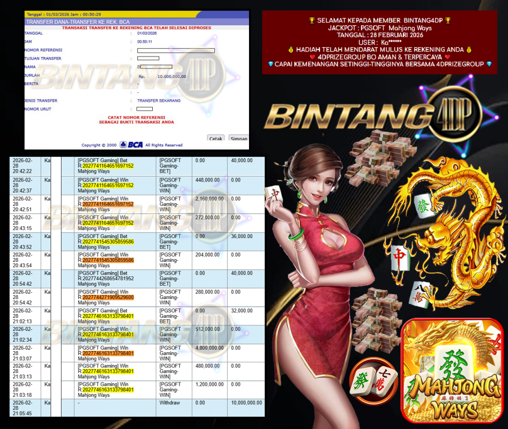 BINTANG4DP JACKPOT PGSOFT ” Mahjong Ways ” Rp 10.000.000,- LUNAS