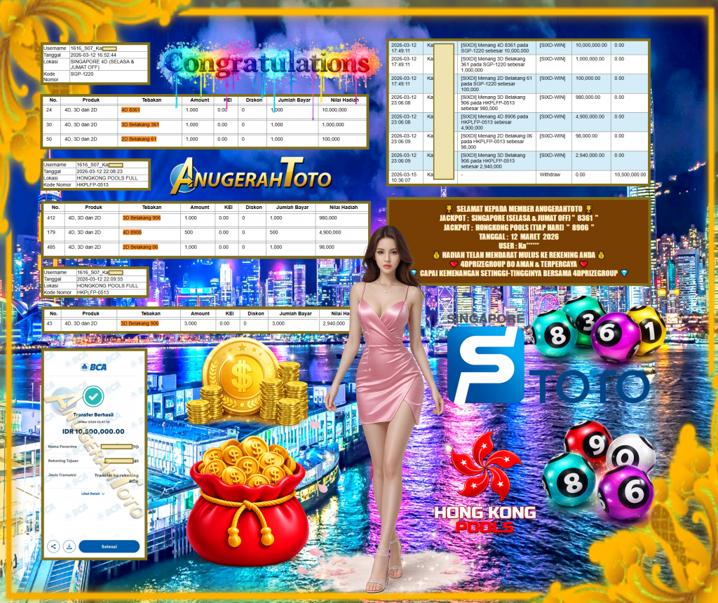 ANUGERAHTOTO JACKPOT PASARAN SINGAPORE (SELASA & JUMAT OFF) ” 8361 ” & HONGKONG POOLS (TIAP HARI) ” 8906 ” Rp 10.500.000,- LUNAS