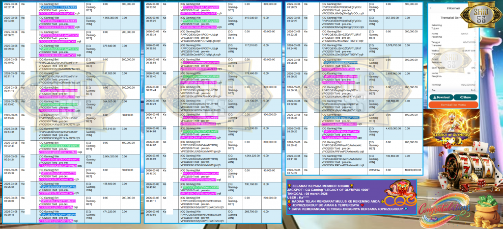 SHIO88 JACKPOT CQ Gaming ”LEGACY OF OLYMPUS 1000” Rp10,000.000,- LUNAS