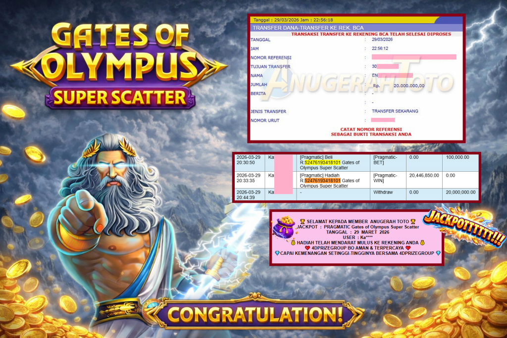 ANUGERAHTOTO JACKPOT PRAGMATIC “Gates of Olympus Super Scatter”‎‏‏‎‎ Rp20.000.000,- LUNAS