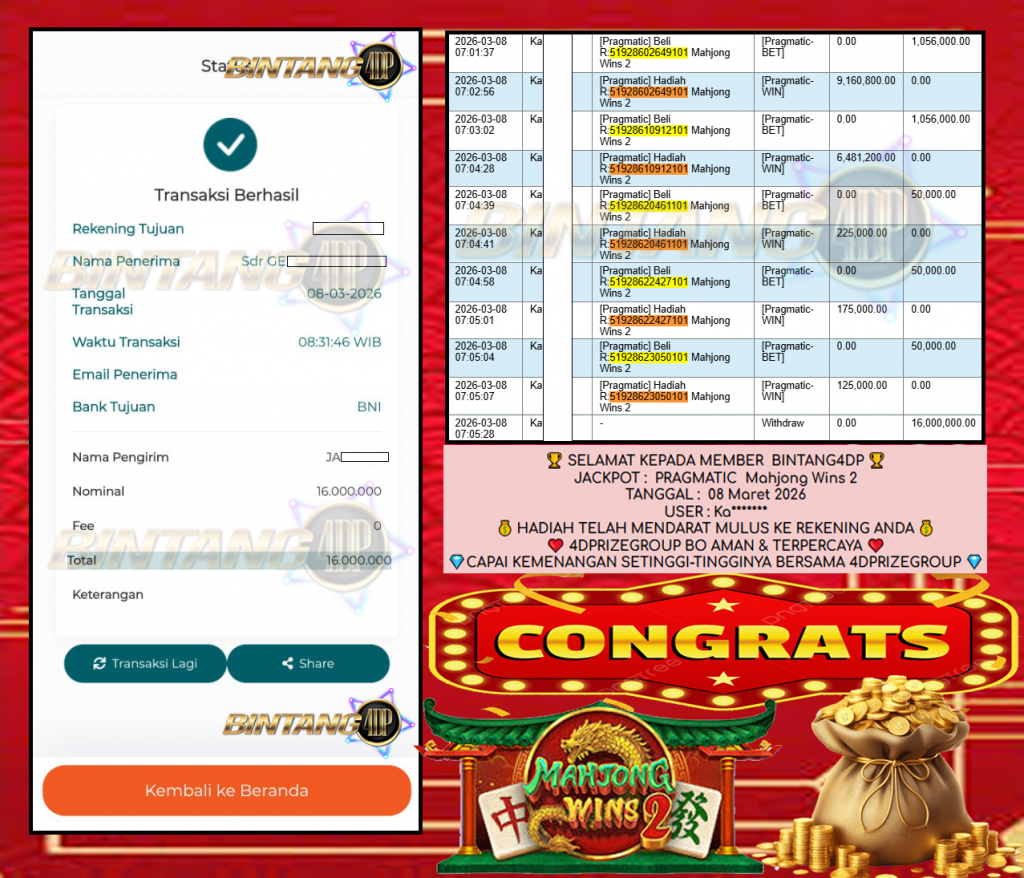 BINTANG4DP JACKPOT PRAGMATIC ” Mahjong Wins 2 ” Rp 16,000,000,- LUNAS