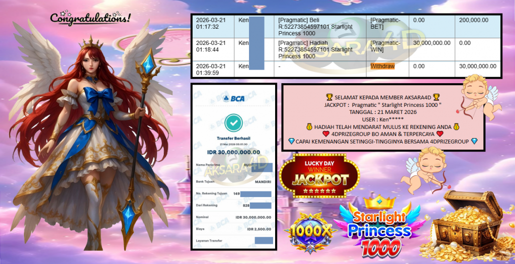 AKSARA4D JACKPOT PRAGMATIC “Starlight Princess 1000″ Rp30.000.000,- LUNAS