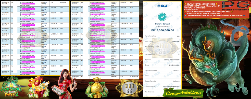 SHIO88 JACKPOT PGSOFT “Mahjong Ways 2” Rp12,000,000,- LUNAS
