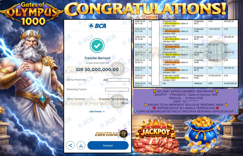 BINTANG4DP JACKPOT PRAGMATIC ” Gates of Olympus 1000 ” Rp 30,000,000.,- LUNAS