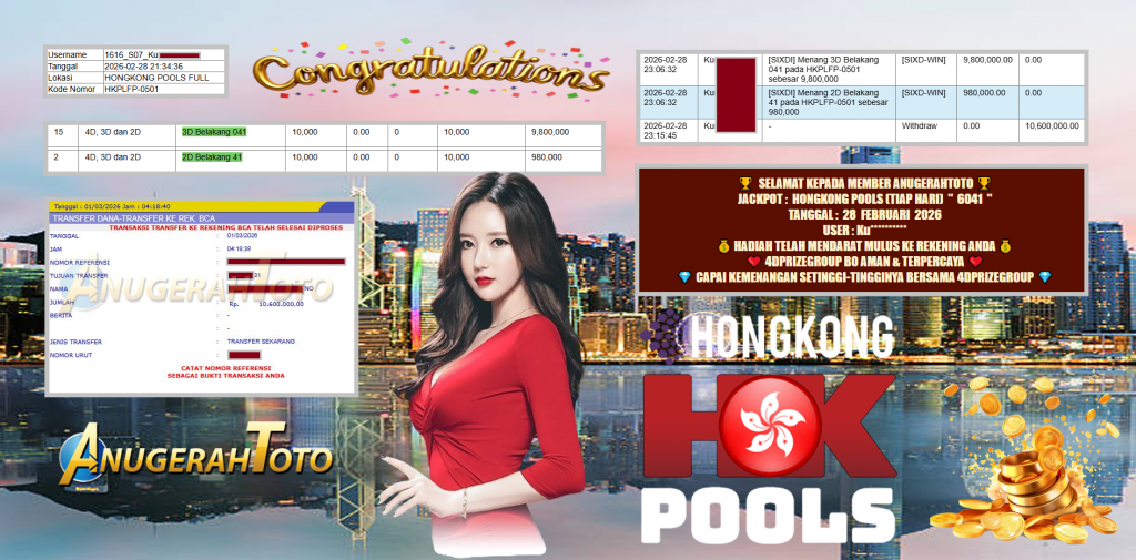 ANUGERAHTOTO JACKPOT PASARAN HONGKONG POOLS (TIAP HARI) ” 6041 ” , Rp 10.600.000,- LUNAS