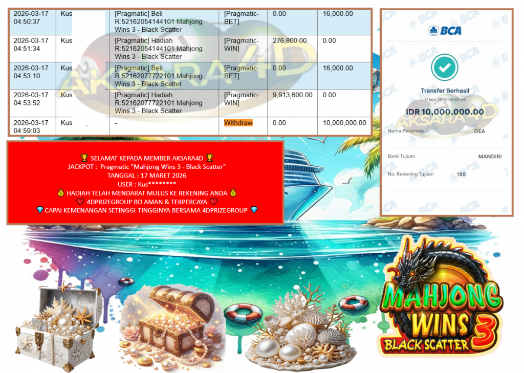 AKSARA4D JACKPOT Pragmatic “Mahjong Wins 3 – Black Scatter” Rp10.000.000,- LUNAS