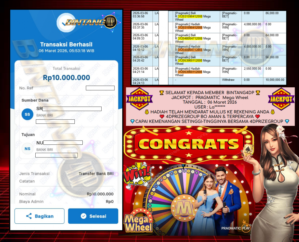 BINTANG4DP JACKPOT PRAGMATIC ” Mega Wheel ” Rp 10,000,000,- LUNAS