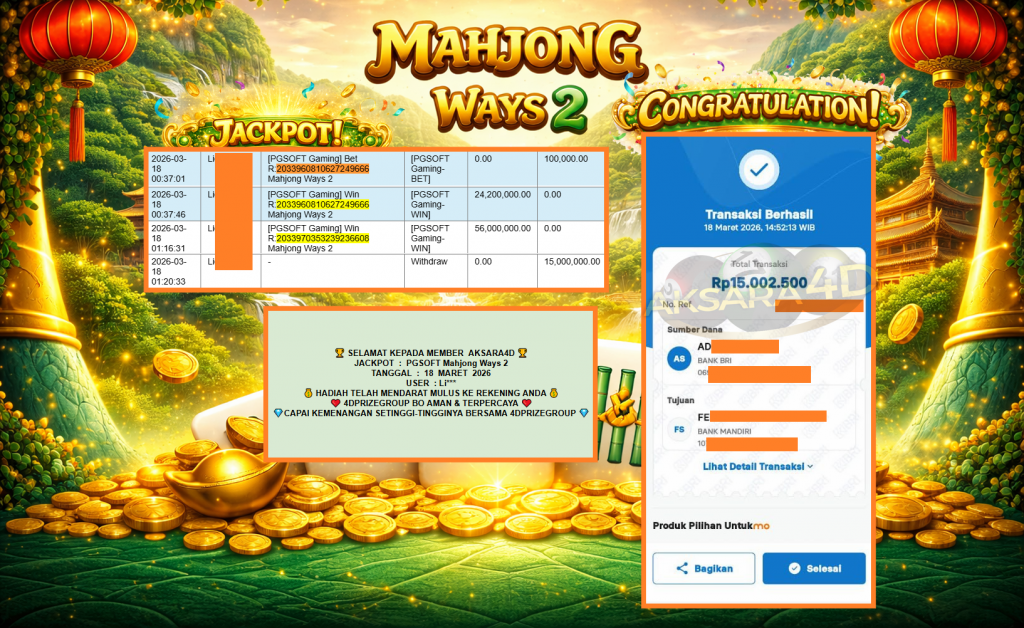 AKSARA4D JACKPOT PGSOFT “Mahjong Ways 2″‎‎‏‏ ‎‎‏‏‎‎‏‏Rp65.000.000,- LUNAS