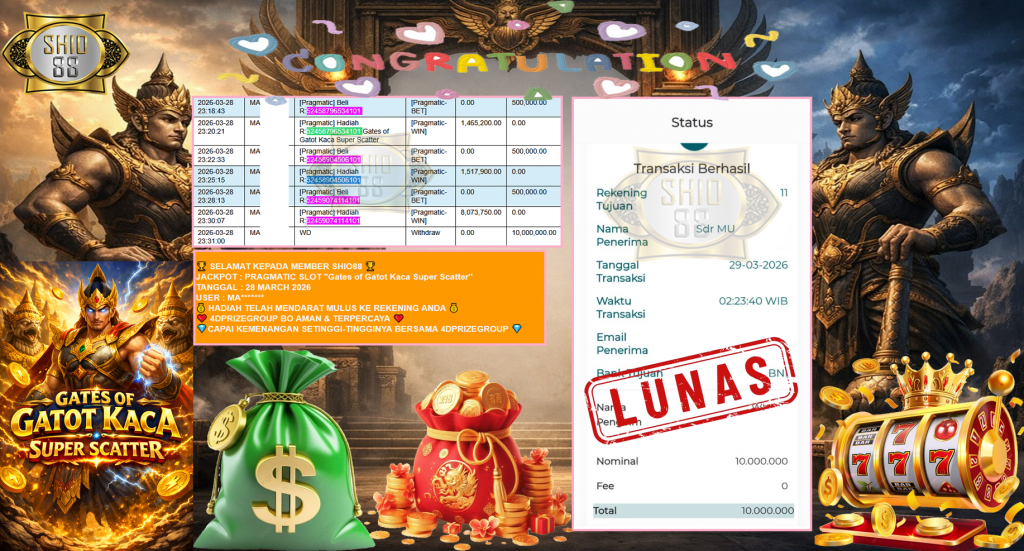 SHIO88 JACKPOT PRAGMATIC SLOT “Gates of Olympus Super Scatter” Rp10.000.000,- LUNAS