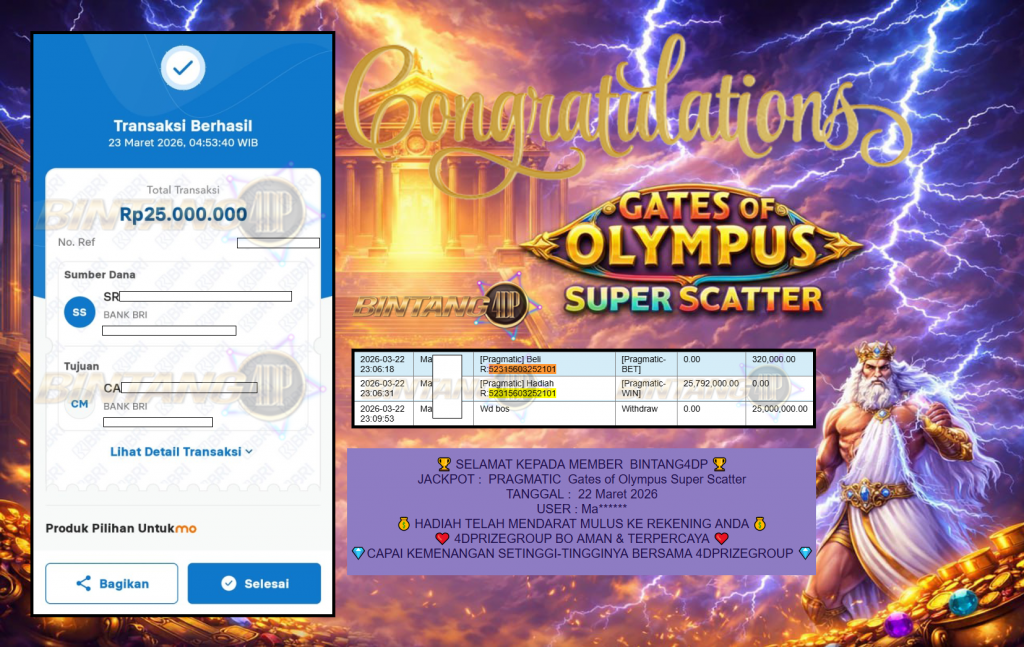 BINTANG4DP JACKPOT PRAGMATIC ” Gates of Olympus Super Scatter ” Rp 25,000,000.,- LUNAS