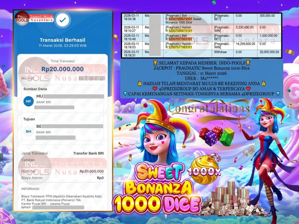 INDO-POOLS JACKPOT PRAGMATIC ” Sweet Bonanza 1000 Dice ” Rp 20,000,000,- LUNAS