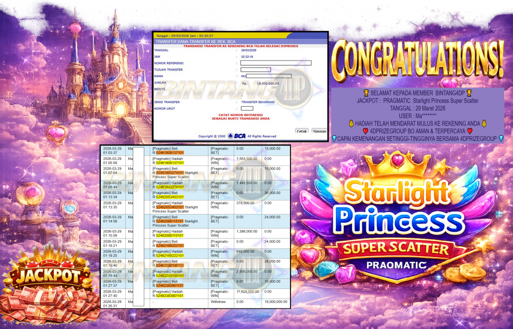 BINTANG4DP JACKPOT PRAGMATIC ” Starlight Princess Super Scatter ” Rp 19,000,000,- LUNAS