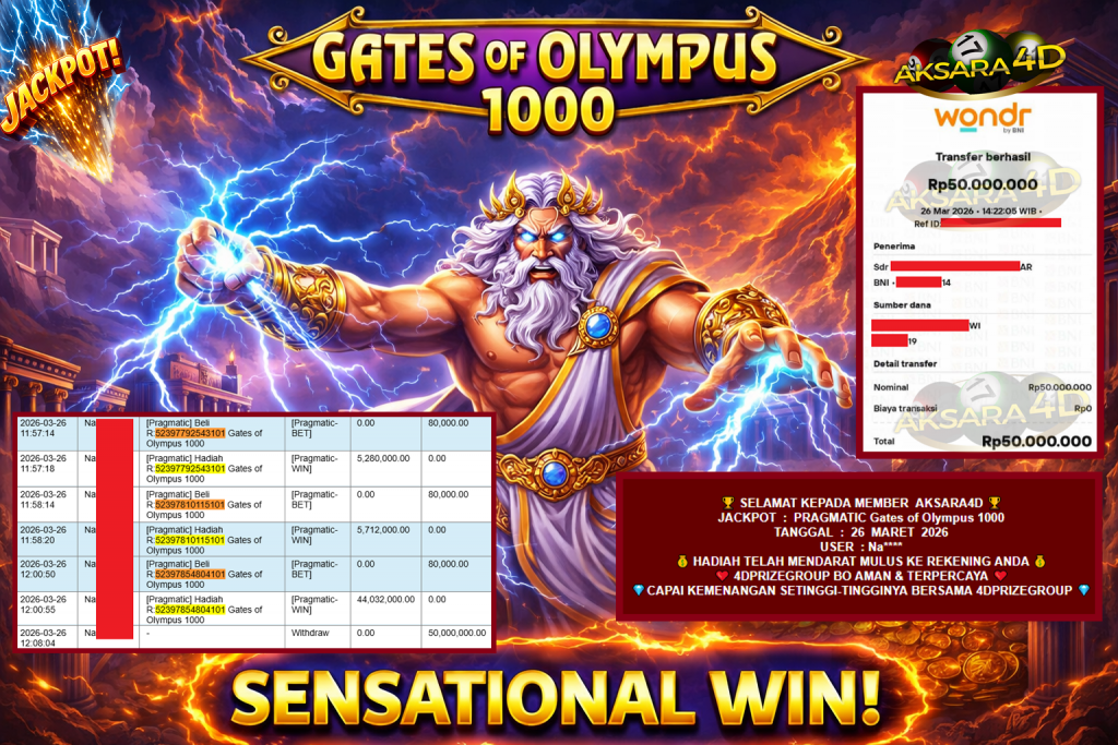 AKSARA4D JACKPOT PRAGMATIC “Gates of Olympus 1000″‎‏‏‎‎ Rp50.000.000,- LUNAS