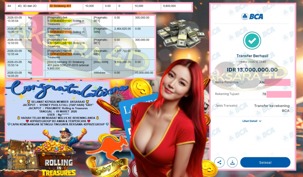 AKSARA4D JACKPOT SYDNEY POOLS FULL (TIAP HARI) “6401”‎‏‏‎ & PRAGMATIC “Rolling in Treasures” Rp13.000.000,- LUNAS