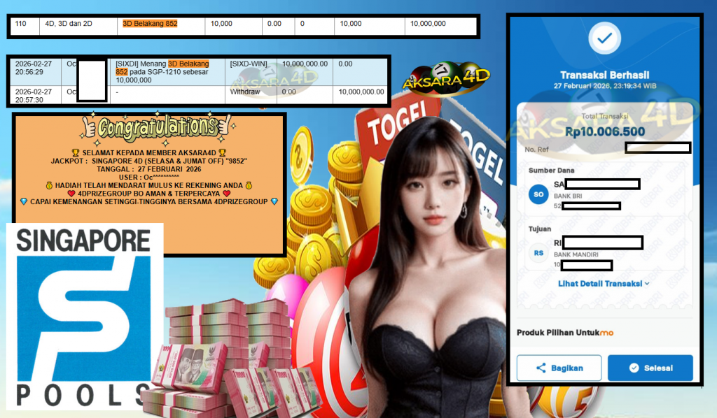 AKSARA4D JACKPOT PASARAN SINGAPORE 4D (SELASA & JUMAT OFF) “9852”‎‏‏‎ Rp10.000.000,- LUNAS