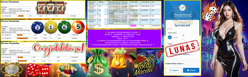 SHIO88 JACKPOT PASARAN TOTO MACAU 2 “2165” Rp12.500.000,- LUNAS