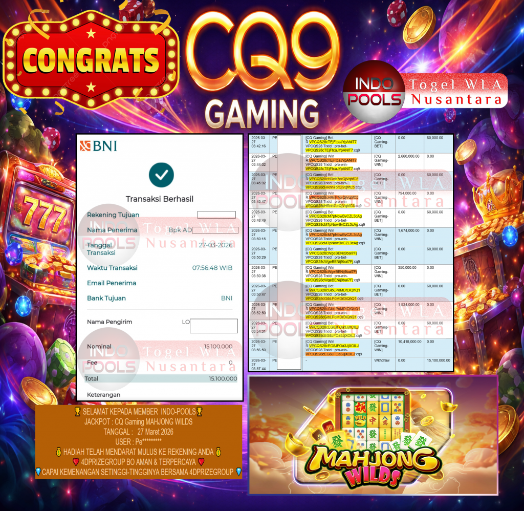 INDO-POOLS JACKPOT ” MAHJONG WILDS ” Rp 15,100,000,- LUNAS