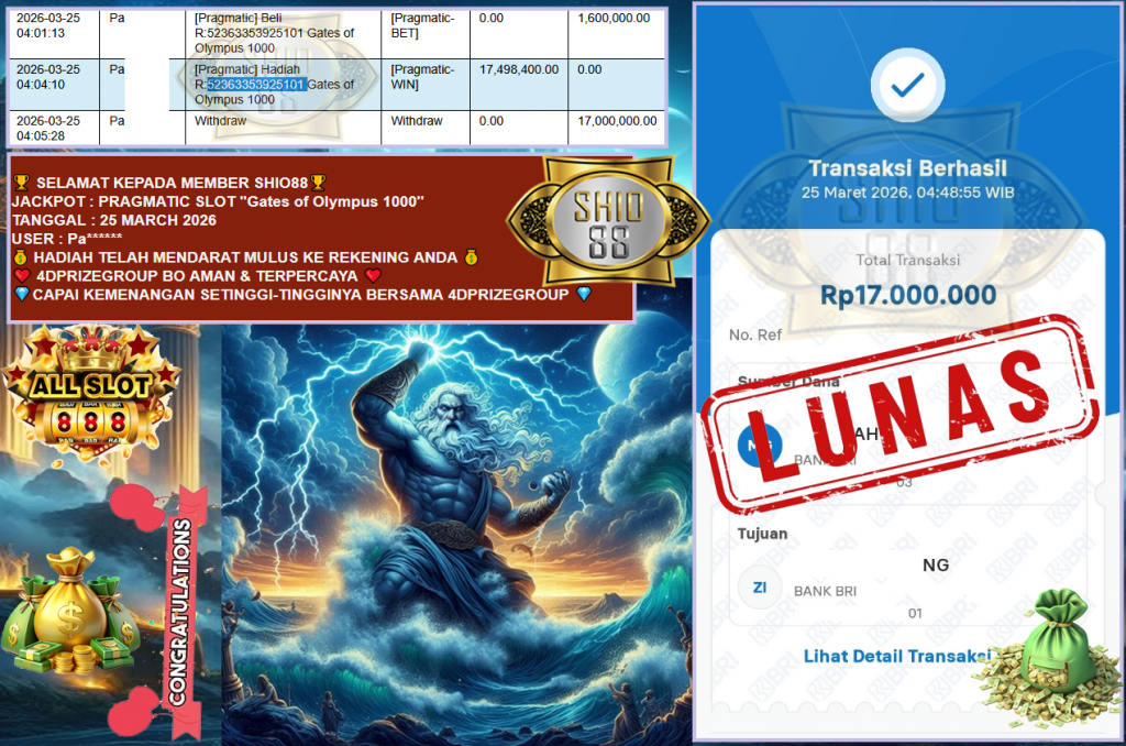 SHIO88 JACKPOT PRAGMATIC SLOT “Gates of Olympus 1000” Rp17.000.000,- LUNAS