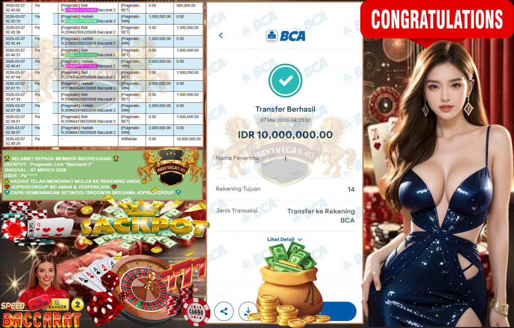 INDOVEGAS4D JACKPOT PRAGMATIC LIVE GAME “Baccarat 2′” ‎‏‏‎Rp 10.000.000,- LUNAS