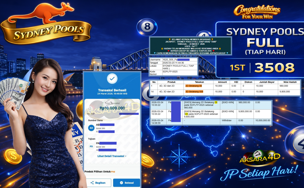 AKSARA4D JACKPOT SYDNEY POOLS FULL (TIAP HARI) “3508”‎‏‏‎ Rp10.000.000,- LUNAS