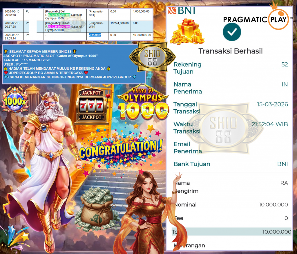 SHIO88 JACKPOT PRAGMATIC SLOT “Gates of Olympus 1000” Rp10,000.000,- LUNAS