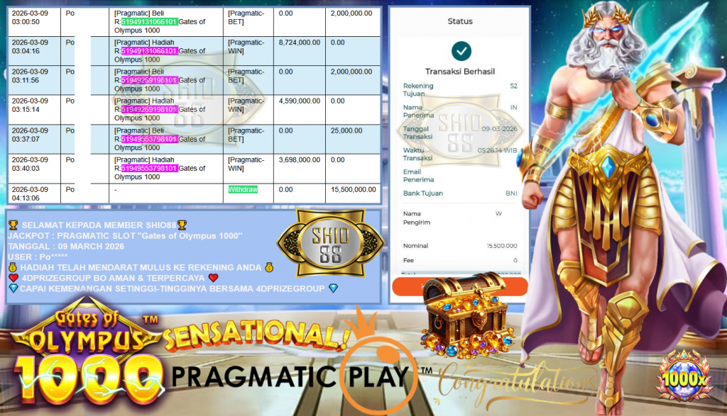 SHIO88 JACKPOT PRAGMATIC SLOT ”Gates of Olympus 1000” Rp15,500.000,- LUNAS