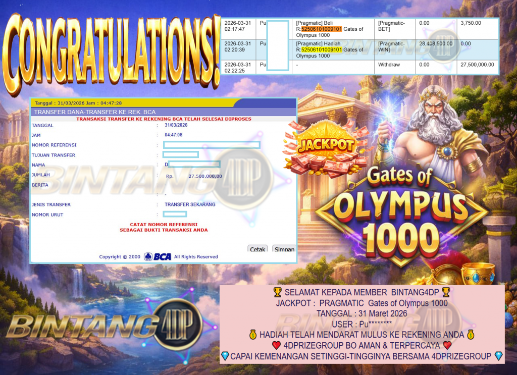 BINTANG4DP JACKPOT PRAGMATIC ” Gates of Olympus 1000 ” Rp 27,500,000,- LUNAS