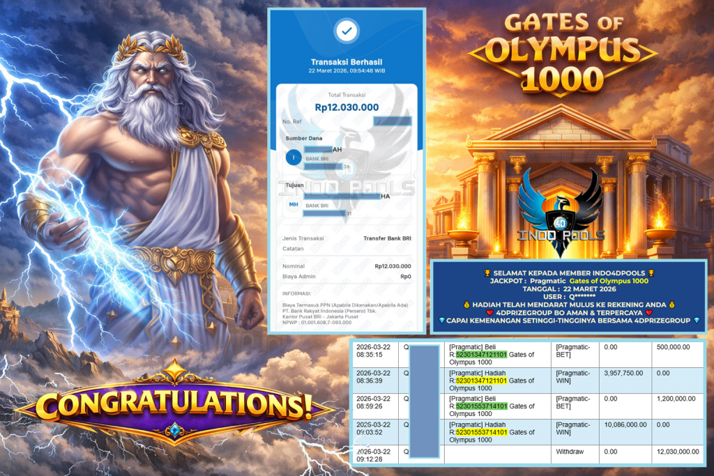 INDO4DPOOLS JACKPOT PRAGMATIC ” Gates of Olympus 1000 ” Rp 12.030.000,- LUNAS