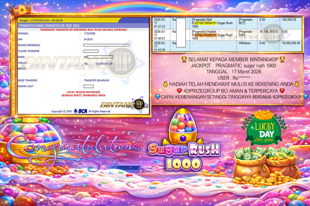 BINTANG4DP JACKPOT PRAGMATIC ” sugar rush 1000 ” Rp 18,000,000,- LUNAS