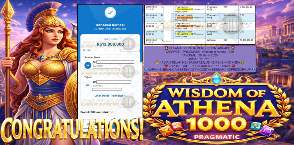 BINTANG4DP JACKPOT PRAGMATIC ” Wisdom of Athena 1000 ” Rp 13,000,000,- LUNAS