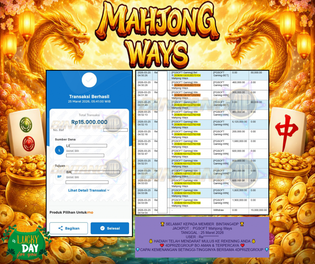 BINTANG4DP JACKPOT PGSOFT ” Mahjong Ways ” Rp 15,000,000,- LUNAS