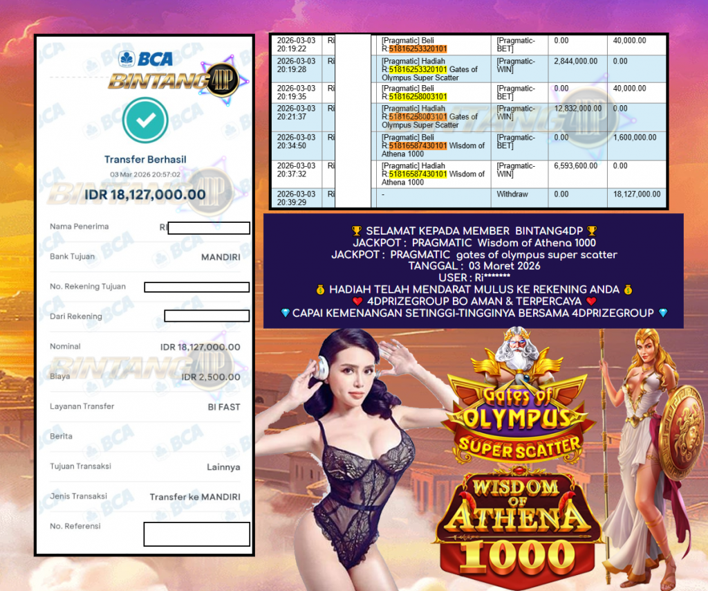 BINTANG4DP JACKPOT PRAGMATIC ” Wisdom of Athena 1000 ” JACKPOT PRAGMATIC ” gates of olympus super scatter ” Rp 18,127,000,- LUNAS
