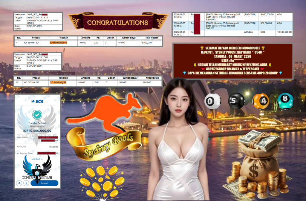 INDO4DPOOLS JACKPOT PASARAN SYDNEY POOLS (TIAP HARI) ” 0548 ” Rp 10.500.000,- LUNAS