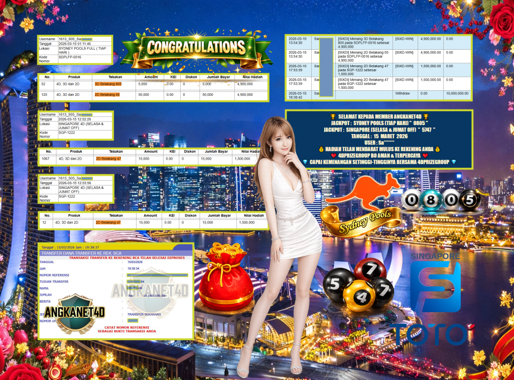 ANGKANET4D JACKPOT PASARAN SYDNEY POOLS (TIAP HARI) ” 0805 ” & SINGAPORE (SELASA & JUMAT OFF) ” 5747 ” Rp 10.000.000,- LUNAS