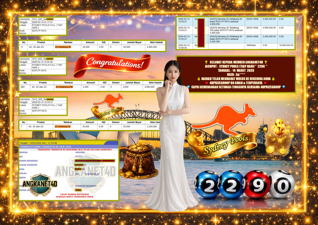 ANGKANET4D JACKPOT PASARAN SYDNEY POOLS (TIAP HARI) ” 2290 ” Rp 10.000.000,- LUNAS