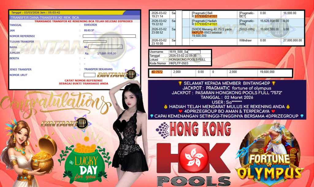 BINTANG4DP JACKPOT ” PRAGMATIC fortune of olympus ” JACKPOT PASARAN ” HONGKONG POOLS FULL ”7572″ ” Rp 27,000.000,- LUNAS