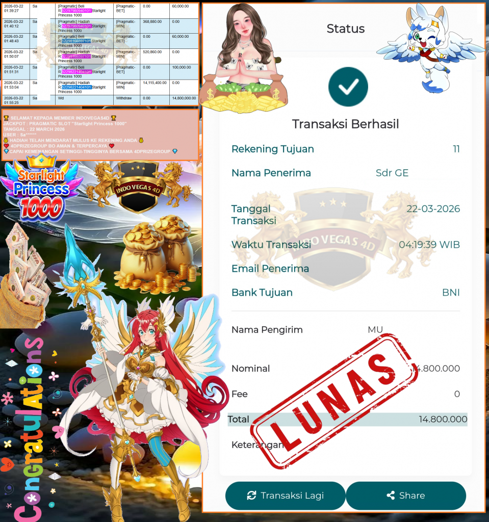 INDOVEGAS4D JACKPOT PRAGMATIC SLOT “Starlight Princess 1000” Rp14.800.000,- LUNAS