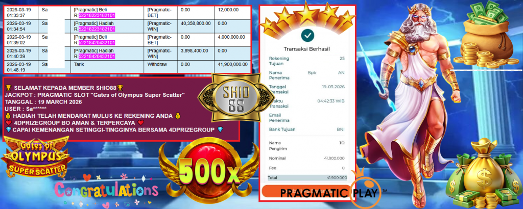 SHIO88 JACKPOT PRAGMATIC SLOT “Gates of Olympus Super Scatter” Rp41,900.000,- LUNAS