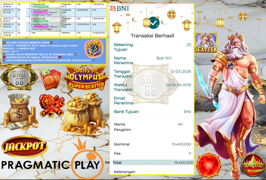 SHIO88 JACKPOT PRAGMATIC SLOT ”Gates of Olympus Super Scatter” Rp19,400.000,- LUNAS