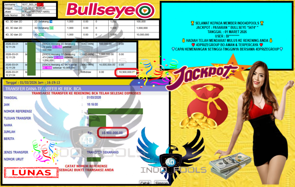 INDO4DPOOLS JACKPOT PASARAN  ” BULLSEYE 5474 ” , Rp 10.900.000,- LUNAS