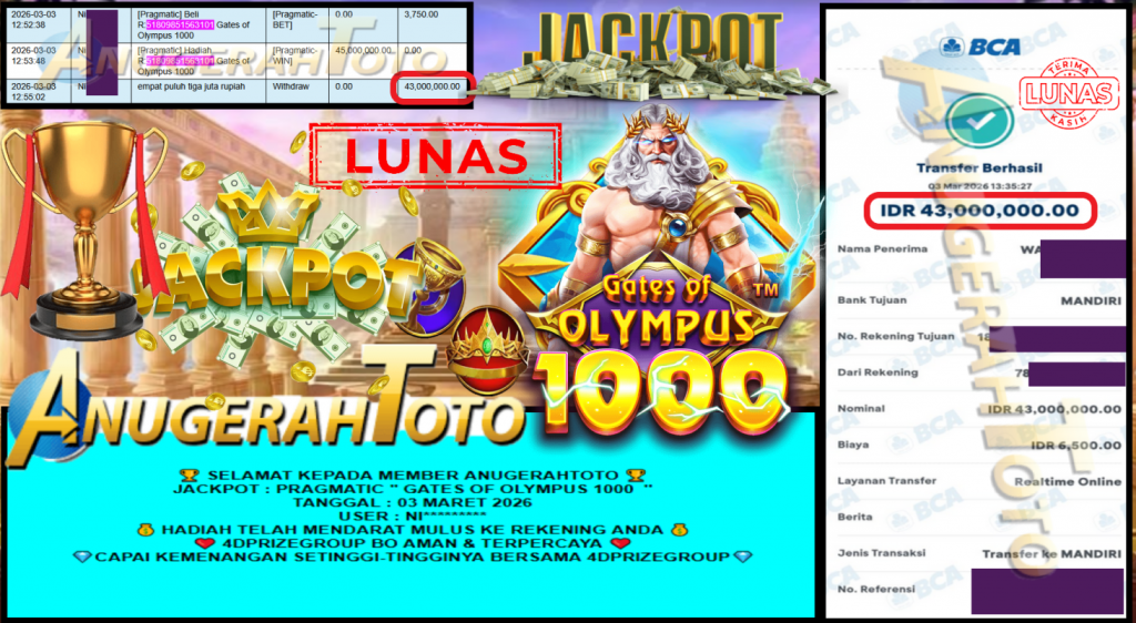 ANUGERAHTOTO JACKPOT PRAGMATIC “GATES OF OLYMPUS 1000″ Rp43.000.000,- LUNAS